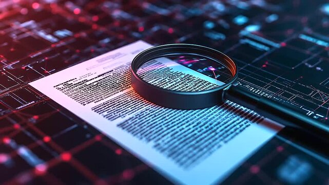 A conceptual depiction of IT security, with a magnifying glass highlighting risk factors on a glowing document, framed by a web of interconnected nodes and locks