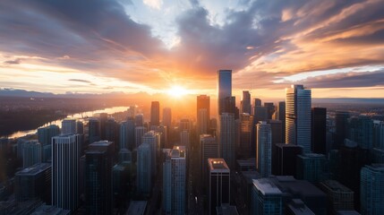Stunning sunset over a vibrant city skyline with tall buildings and a river