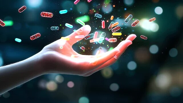 A conceptual scene of a human hand holding digital microbiota, glowing in multicolor patterns, with floating icons of dietary elements and health metrics