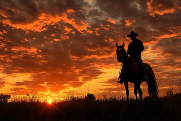 Fototapeta premium Cowboy on horseback silhouetted against a vibrant sunset in a rural landscape