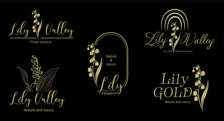 Vector luxury logo design set in trendy linear style with Lily of the Valley flowers. Golden line art logotypes on black background for beauty, florist emblem, jewelry, cosmetic packaging. © Creative_Juice_Art