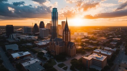 Stunning sunset over city skyline with historic church in foreground