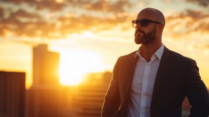 Confident businessman enjoys sunset view over a city skyline at twilight