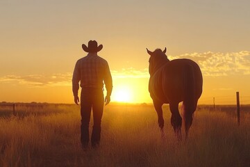 Man and horse silhouetted against a stunning sunset in a tranquil rural setting