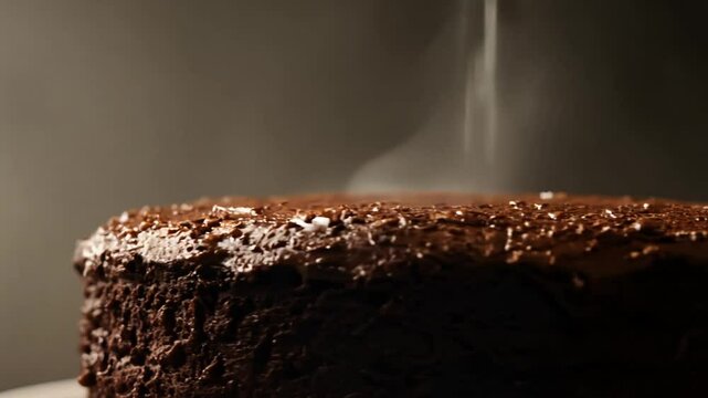 Slow zoom in, low key lighting video, a close-up of a dark, rich chocolate cake, just baked, with a subtle wisp of steam rising