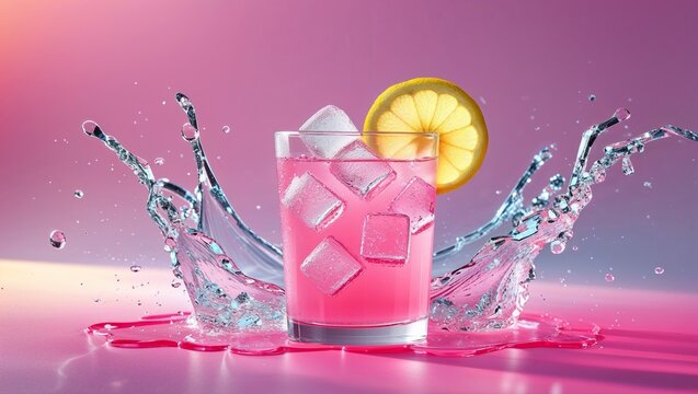A glass of pink lemonade with ice and a lemon wedge, surrounded by splashing water on a pink background ,splash