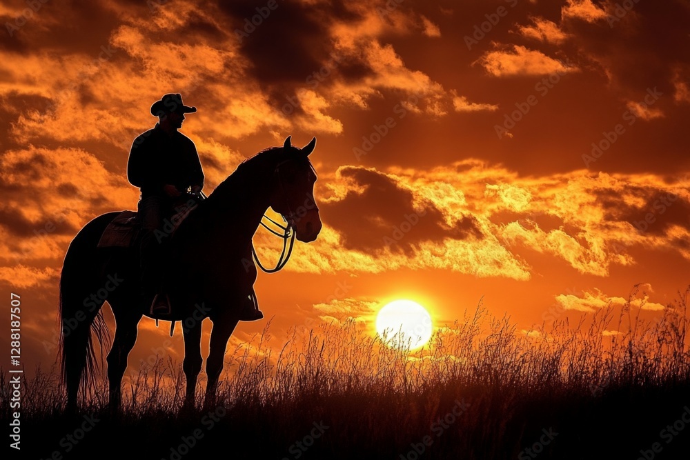 Poster silhouette of a cowboy riding a horse at sunset in an open field with dramatic clouds