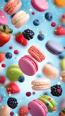 Colorful macarons with fresh fruit suspended in mid-air against a bright background