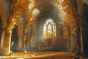 Abandoned Gothic Church Interior with Autumn Foliage and Sunlit Window