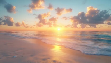 Fototapeta premium Sunset over a remote beach with glowing AR tide data, serene ocean backdrop, soft warm lighting, photorealistic