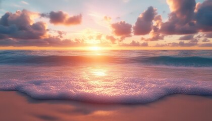 Fototapeta premium Sunset over a remote beach with glowing AR tide data, serene ocean backdrop, soft warm lighting, photorealistic