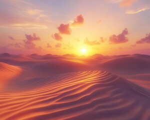 Sunset over desert dunes with glowing AR sand movement data, serene landscape setting, soft warm lighting, photorealistic