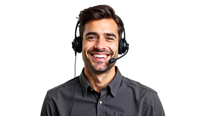 Smiling young man portrait with headset, isolated on transparent background. Ideal for call center, customer service, and online support visuals.