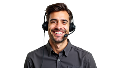 Smiling young man portrait with headset, isolated on transparent background. Ideal for call center, customer service, and online support visuals.