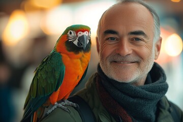 Elderly man smiles with a colorful parrot perched on his shoulder in a lively urban setting during the day