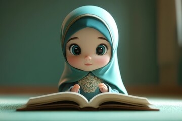 A Cute Cartoon Girl Reading a Book With Teal Hijab