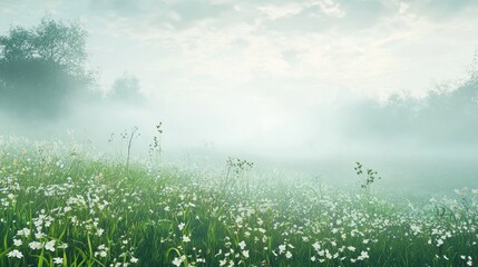 Misty Morning Meadow: A Serene Landscape of Wildflowers and Fog