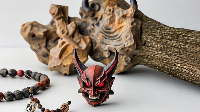 Traditional Japanese mask and wooden sculpture on a minimalist background with decorative beads