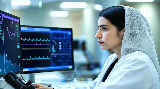 A focused medical researcher in a lab, analyzing a sample on a microscope and reviewing data on a computer monitor, symbolizing the synergy between laboratory work and digital anal