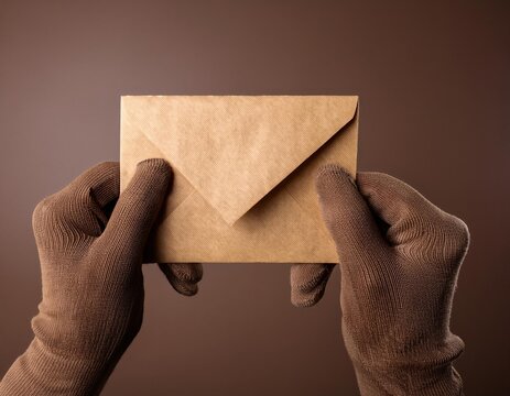 Holding an envelope with gloved hands against a neutral background