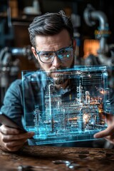 Engineer reviewing refinery hologram