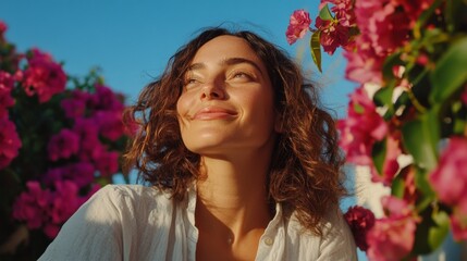 Naklejka premium A young woman posing outdoors near flowering trees with a contented smile.