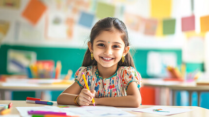 Joyful Indian Girl Drawing Flag in Colorful Classroom, Bright Sunlight and Festive Republic Day Banners Surround Her