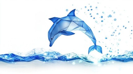 A blue geometric dolphin jumping gracefully through the water