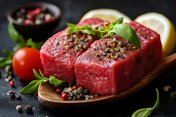 Fototapeta premium Raw Beef Steak Garnished with Fresh Salad Ingredients on Wooden Spoon Culinary Gourmet Dish Concept