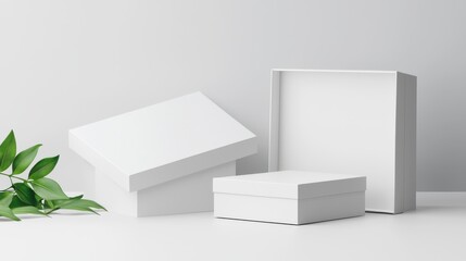Minimalist white boxes and green leaf on a clean background, showcasing elegant product packaging design.