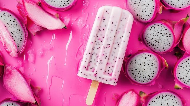 Delicious dragon fruit popsicle surrounded by dragon fruit slices is shown