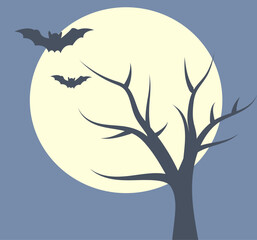 Bats flying over a barren tree under a full moon in a nighttime illustration. Halloween.