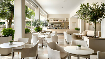 Bright Modern Restaurant Interior with White Tables and Olive Trees