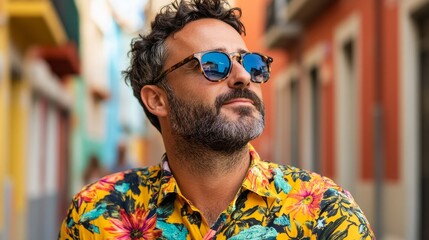This image features a man wearing sunglasses, a floral shirt, and posing against a colorful backdrop with his head turned slightly towards the camera.