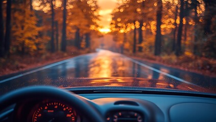 Autumn Drive at Sunset Through a Rain-Kissed Forest