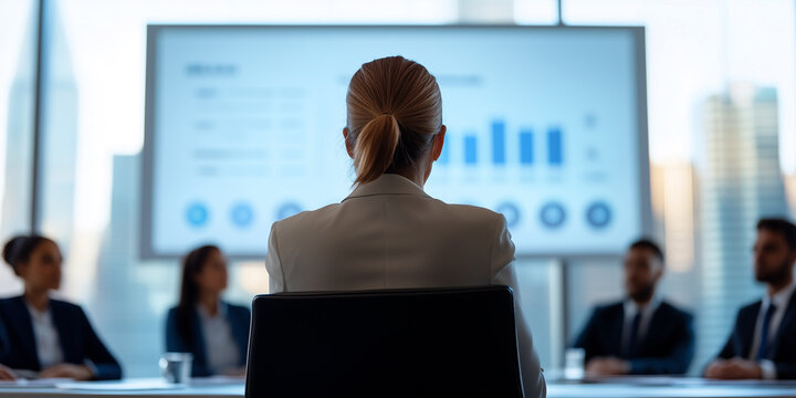 Determined businesswoman leads executive meeting with impactful presentation in city setting