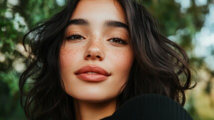 Fototapeta premium Woman with natural makeup wearing a brown top.