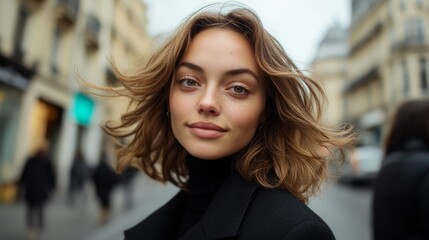 Fototapeta premium Woman standing in urban street setting.