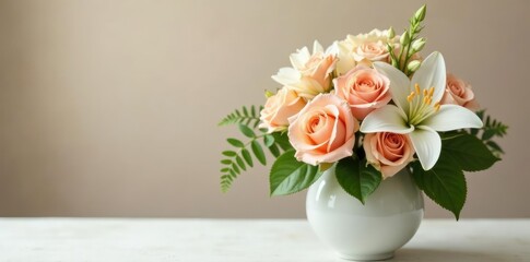 Fototapeta premium Soft peach roses with hydrangea, white lily and fern in a elegant vase, peach roses, elegant