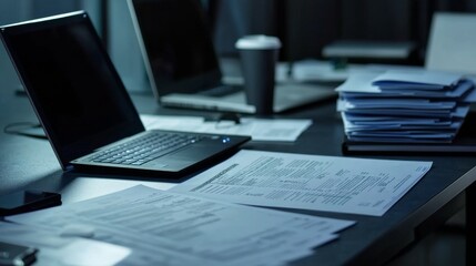 Money laundering audit process in a financial office. Featuring document analysis and transaction review