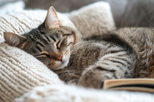 Cozy tabby cat naps peacefully on a soft knitted blanket in a calm indoor setting - Powered by Adobe