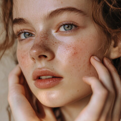 young woman with freckles and Acne skin gazes softly, her hands gently touching her face, highlighting her natural beauty and serene expression