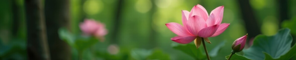 Fototapeta premium Soft petals unfurl in hues of blush pink amidst forest foliage, nature, forest bloom, flora