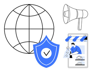 Globe with lines, shield with check mark, loudspeaker, and online shopping interface. Ideal for internet security, e-commerce, online communication, global connectivity, cybersecurity digital
