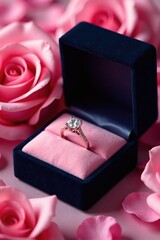 Velvety black box containing a sparkling diamond ring with soft pink rose petals, luxurious, diamond, pink
