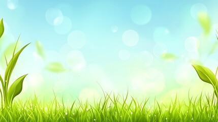 Obraz premium Vibrant Green Grass and Leaves Under a Bright Blue Sky