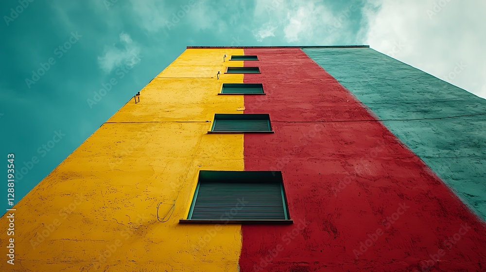 Poster looking up at a colorful building with a blue sky background, modern design and urban architecture c