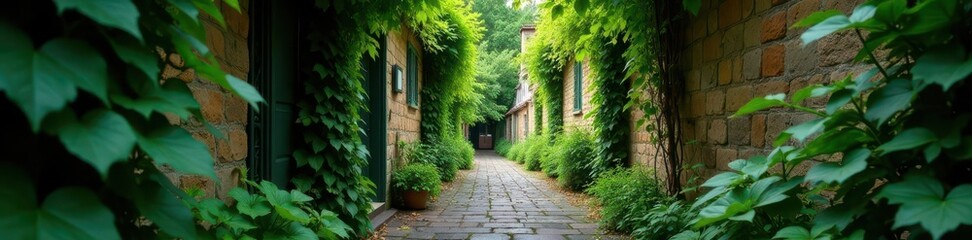 Fototapeta premium Narrow alleyway concealed by dense, mature vines , organic, secret
