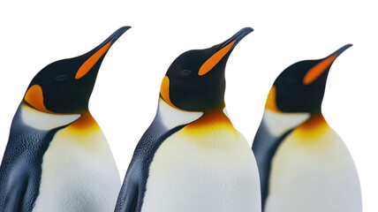 Fototapeta premium Group of three emperor penguins pose against a white background in a striking display of their distinctive features and colors