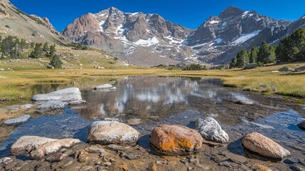 Mountain Lake Reflection with Rocks and Snow-Capped Peaks